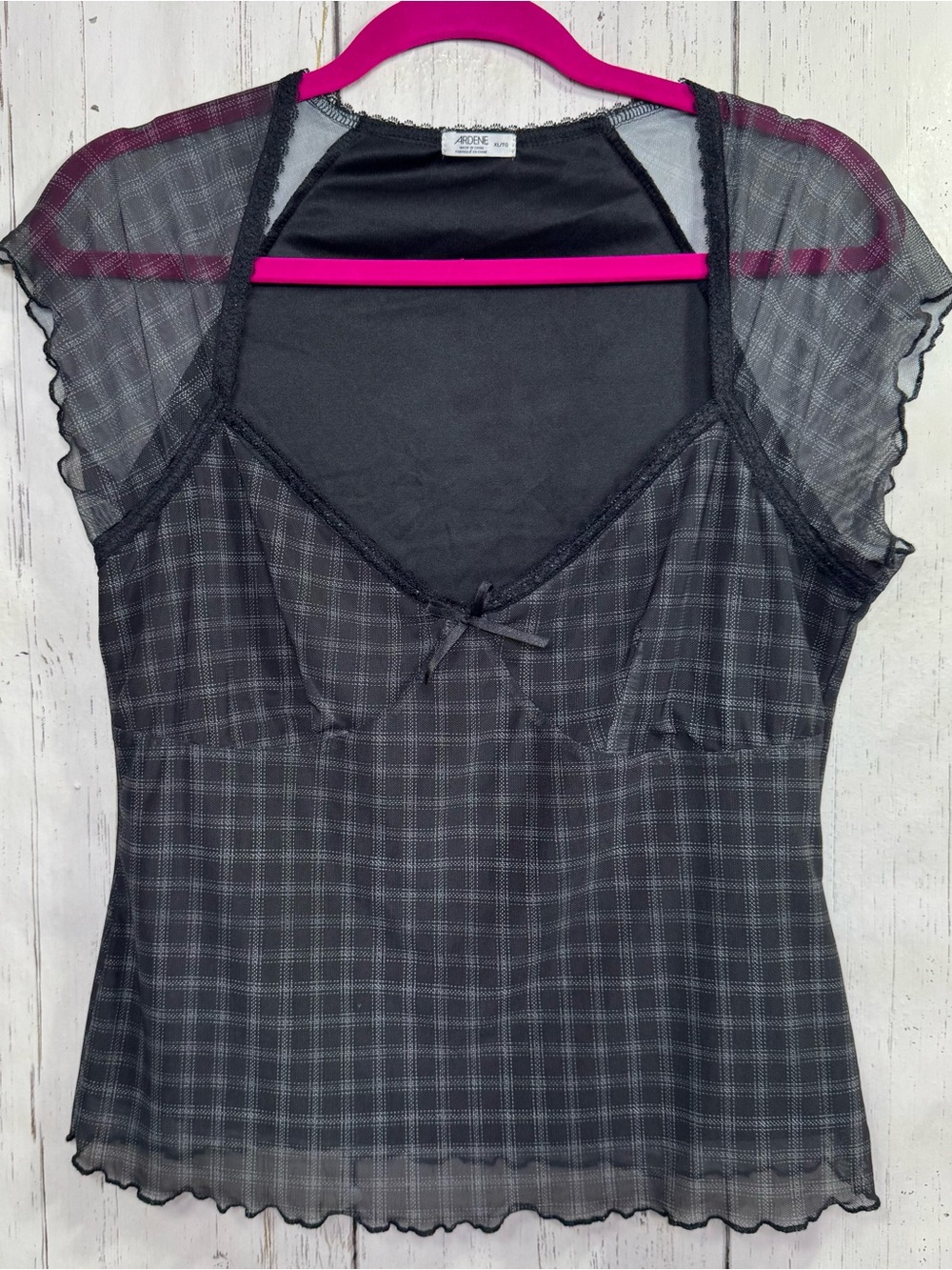 Ardene Sheer Mesh Plaid Y2K Fairy Grunge Babydoll Top Black Coquette Size XL